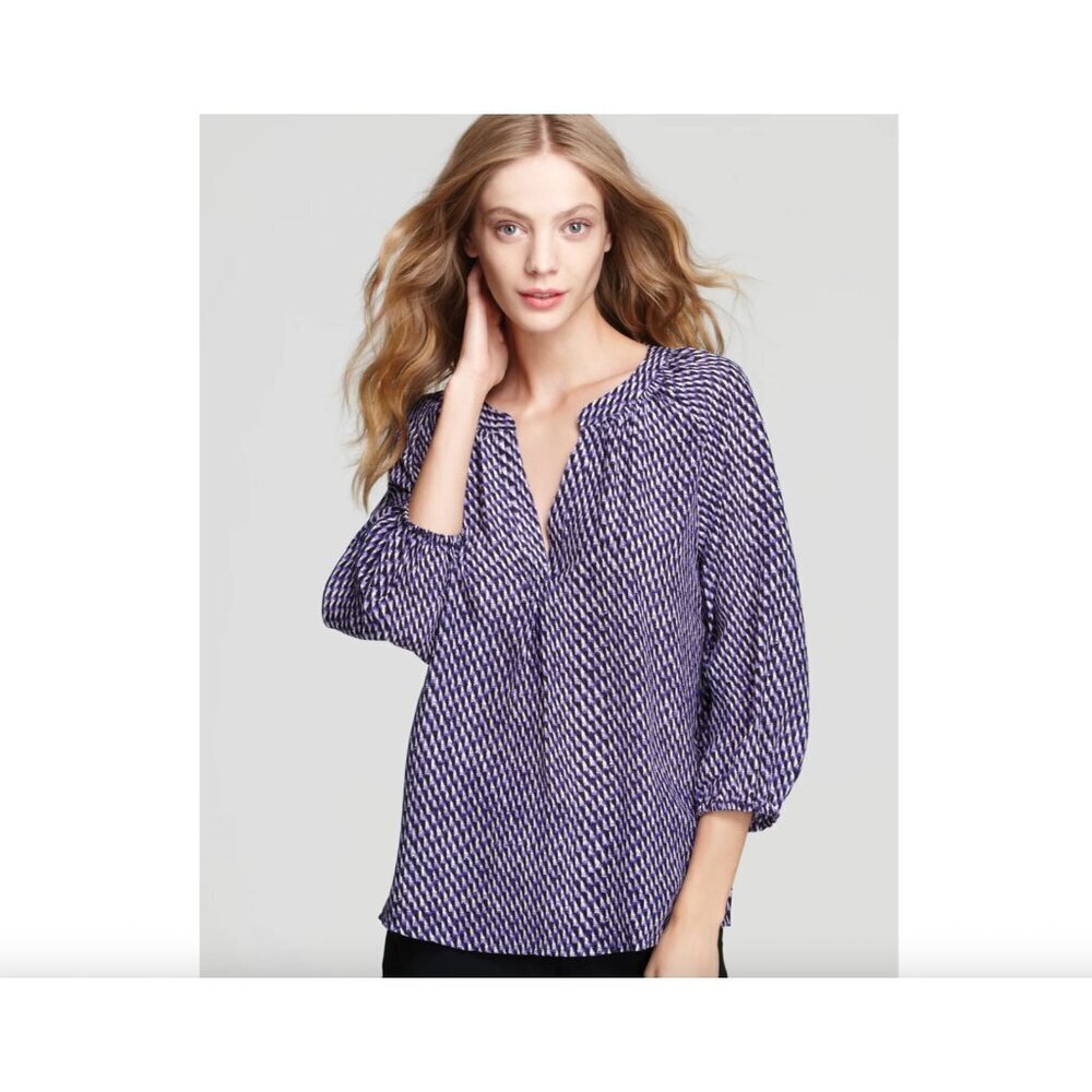 Joie Addie B Silk Women's Blue Caviar Print Peasant Balloon Sleeve Top Size XS